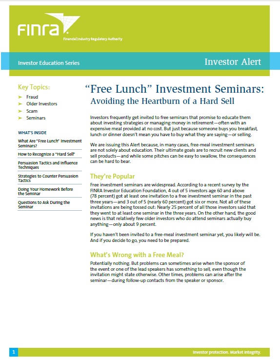 FINRA “Free Lunch” Investment Seminars